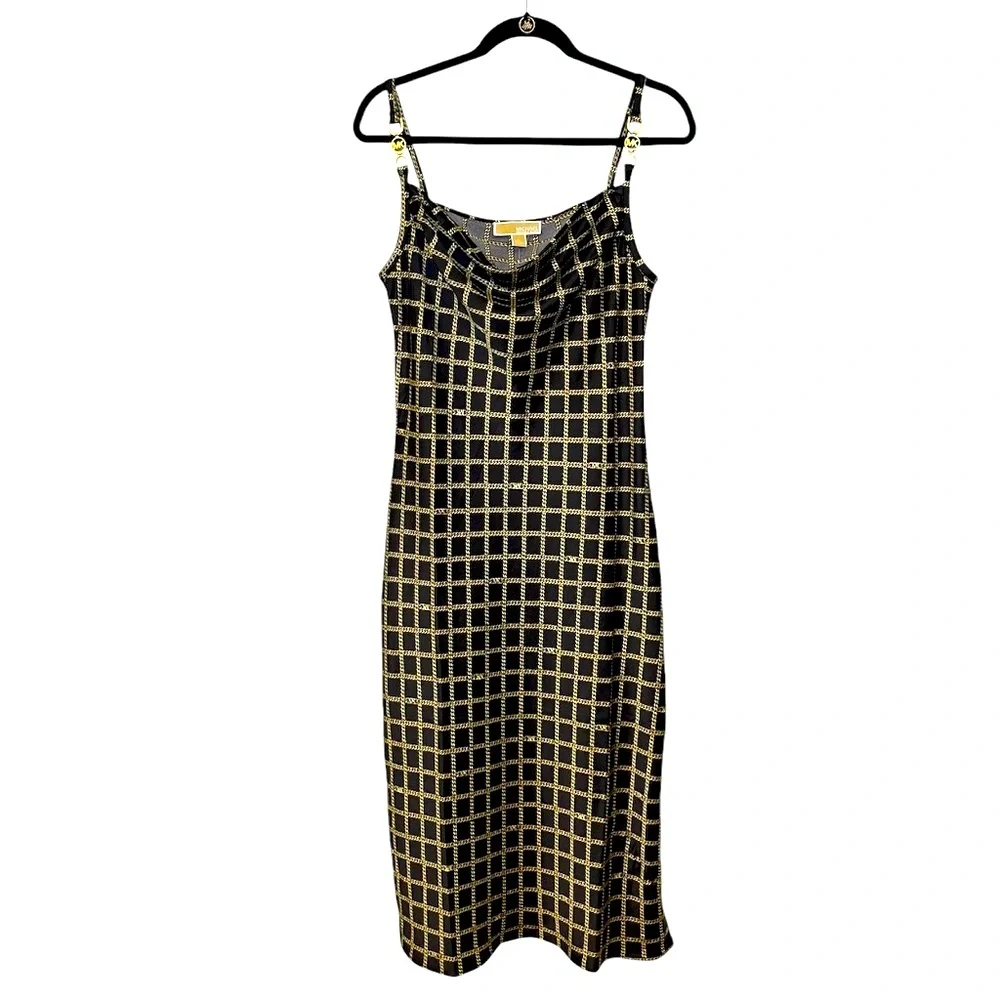 Michael Kors Sleek & Simple Midi Chainlink Gold Black Slip Dress Size: Medium